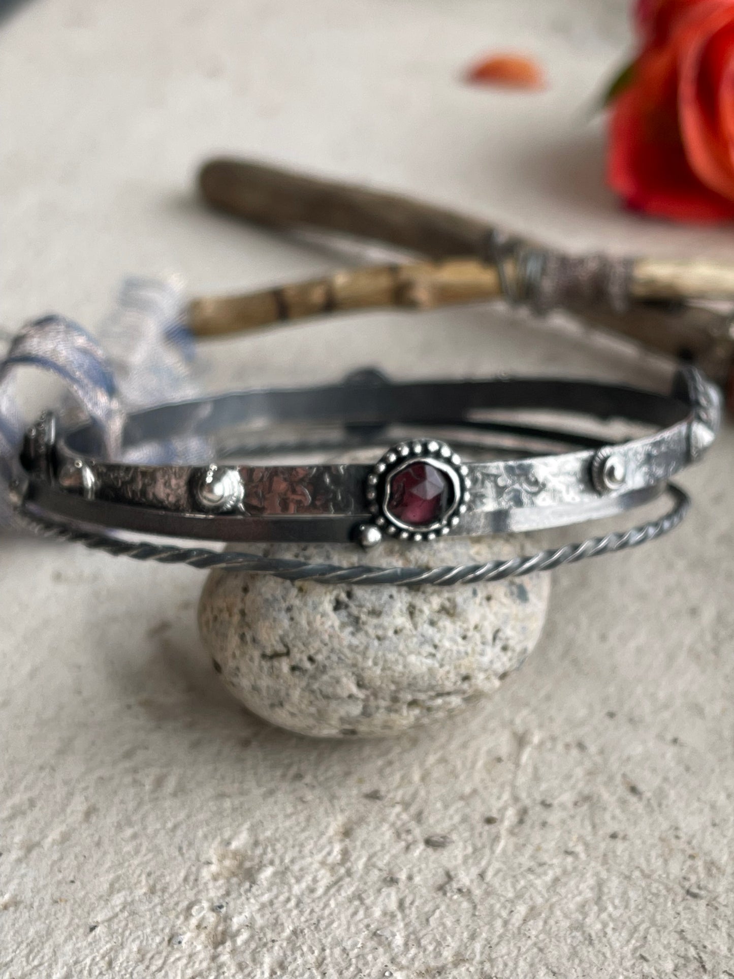 Bracelet 180 - 3 Sterling Silver Bangles - 1 Twisted, 1 with Granulations and 1 with Rainbow Tourmaline, Peridot & Opal