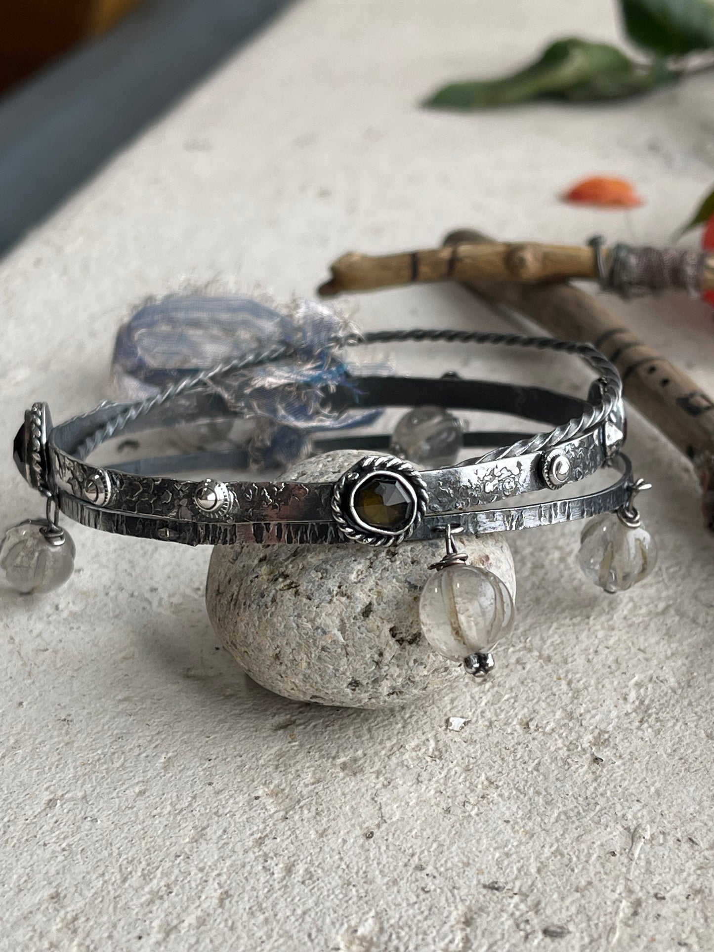 Bracelet 181 - 3 Sterling Silver Bangles - 1 Twisted, 1 with Crystal Quartz Beads, 1 with Rainbow Tourmaline, Hessonite, Citrine, Honey Quartz