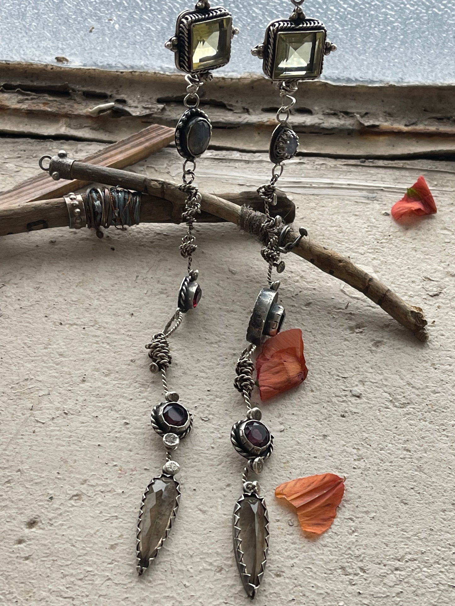 Earrings 254 - Sterling Silver Earrings with Lemon Quartz, Labradorite, Ruby, Rainbow Tourmaline, & Smo ky Quartz
