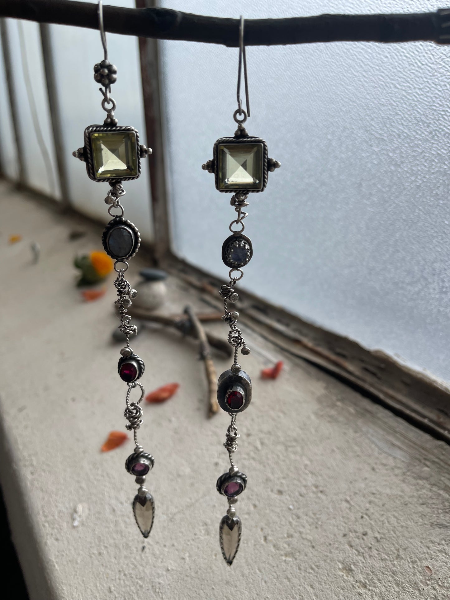 Earrings 254 - Sterling Silver Earrings with Lemon Quartz, Labradorite, Ruby, Rainbow Tourmaline, & Smo ky Quartz