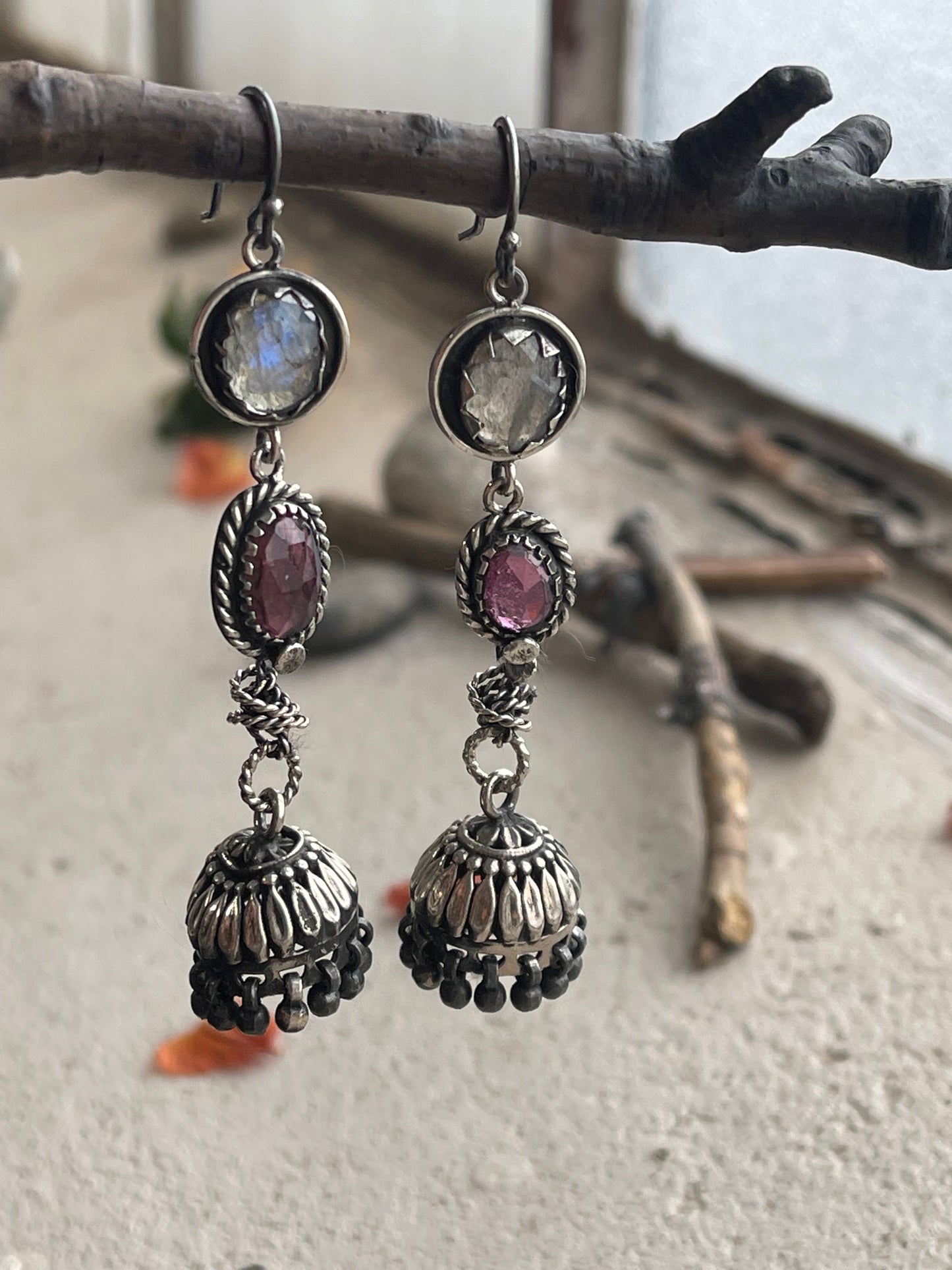 Earrings 256 - Sterling Silver Earrings with Labradorite, Rainbow Tourmaline & Indian Adornments