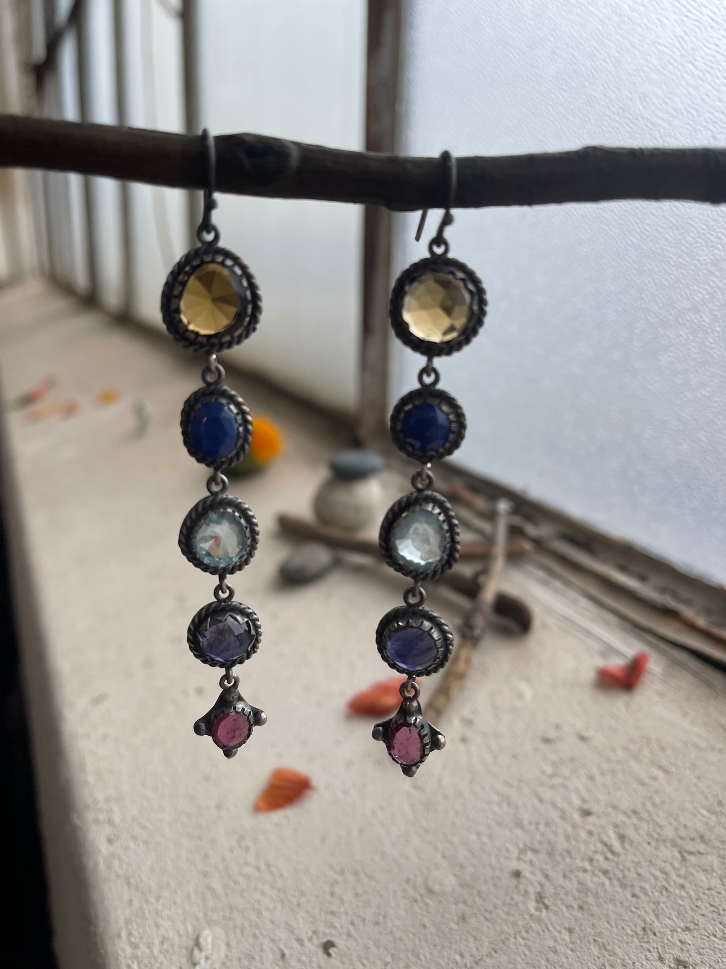 Earrings 257 - Sterling Silver Earrings with Honey Quartz, Lapis Lazuli, Aquamarine, Kyanite & Rainbow Tourmaline