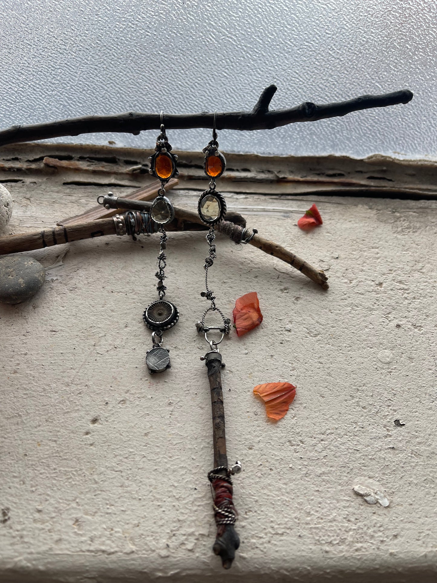 Earrings 258 - Hessonite, Lemon Quartz, Burnished Wood, Fossilized Shell & Hollow Forms