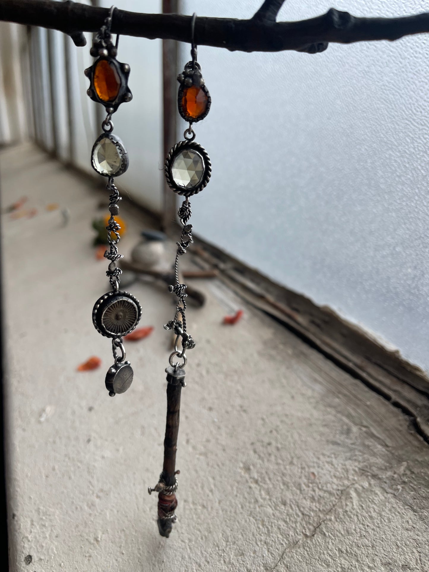 Earrings 258 - Hessonite, Lemon Quartz, Burnished Wood, Fossilized Shell & Hollow Forms