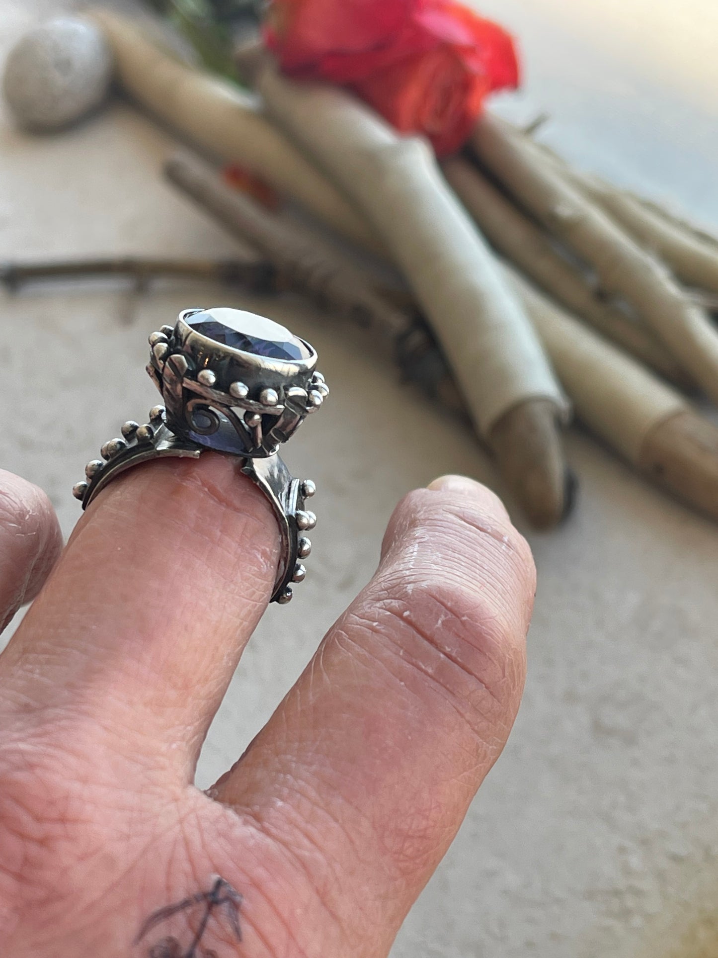 Ring 257 - Amethyst Sterling Silver Ring with Granulated Band