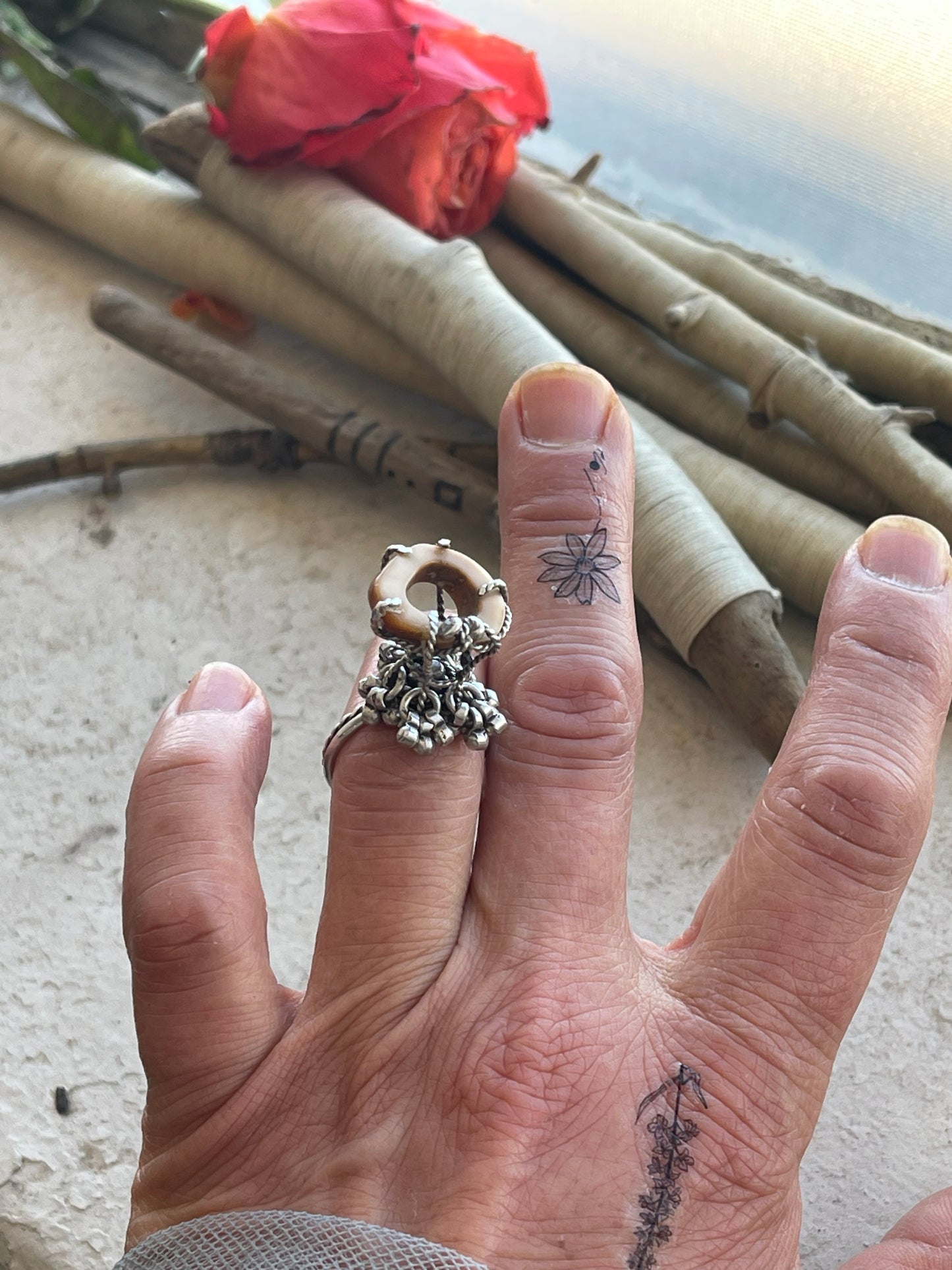 Ring 267 - Sterling Silver Caged Ring with Sliced Walrus Tooth and Granulations
