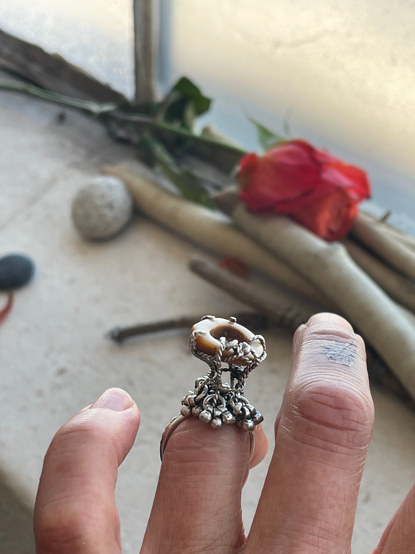 Ring 267 - Sterling Silver Caged Ring with Sliced Walrus Tooth and Granulations