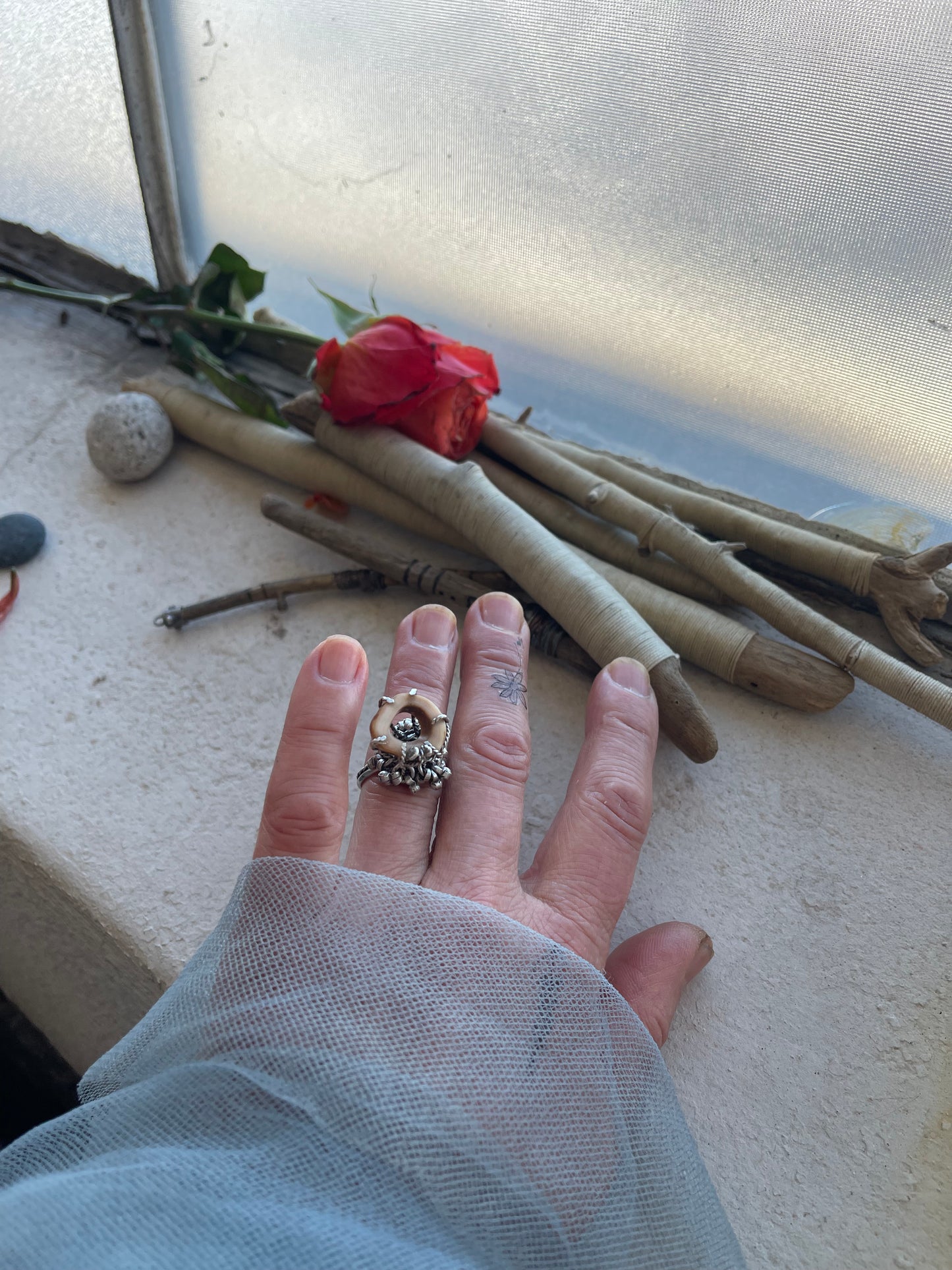 Ring 267 - Sterling Silver Caged Ring with Sliced Walrus Tooth and Granulations