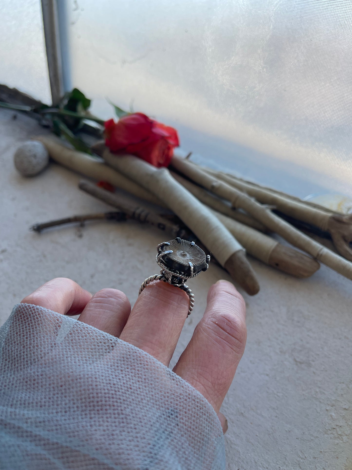 Ring 268 - Sterling Silver Caged Ring with Fossil