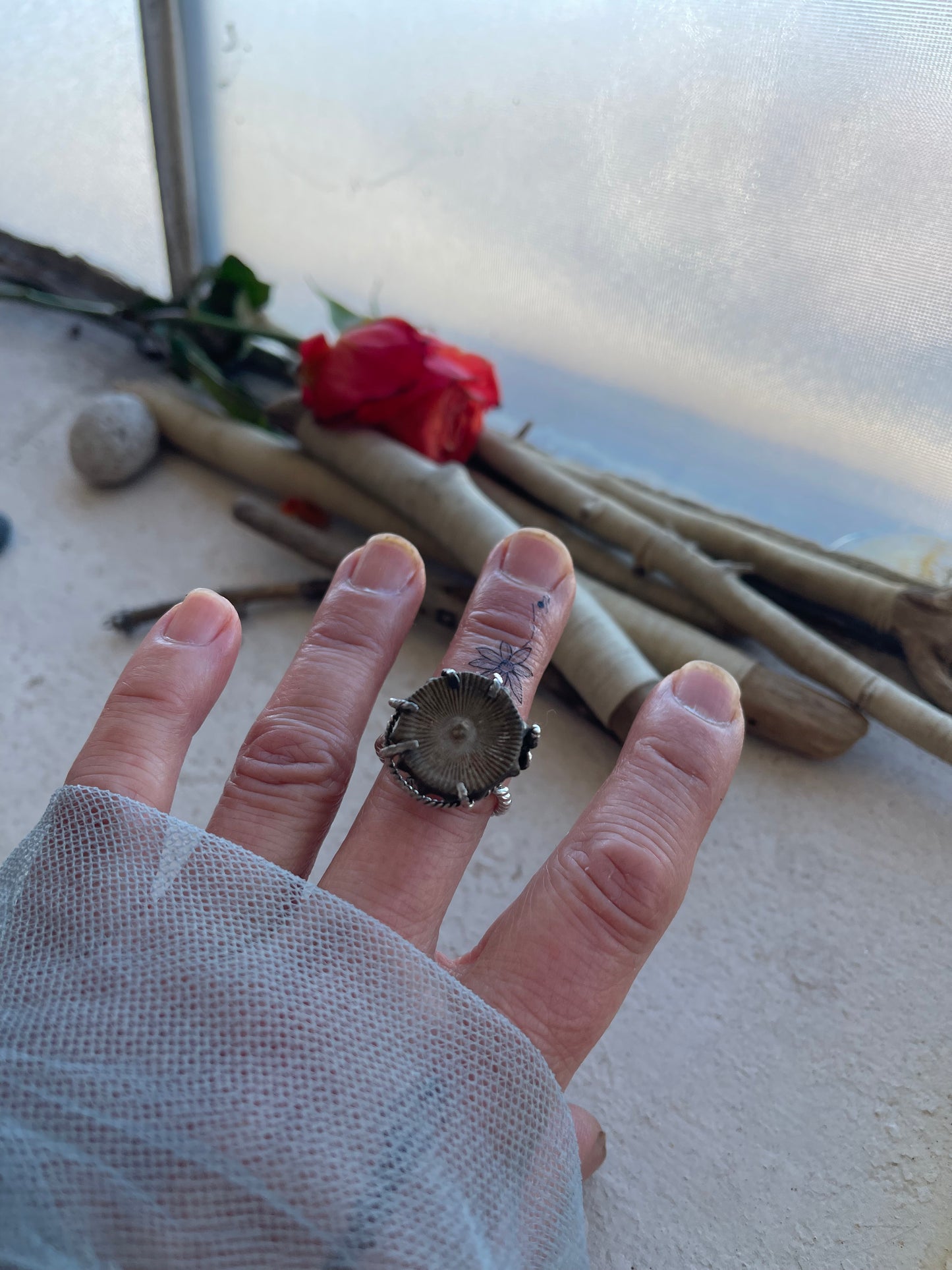 Ring 268 - Sterling Silver Caged Ring with Fossil
