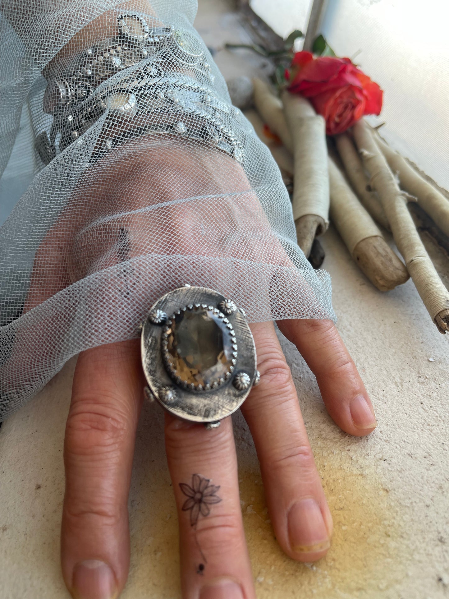Ring 270 - Sterling Silver Hollow Form Ring with Cloudy Quartz
