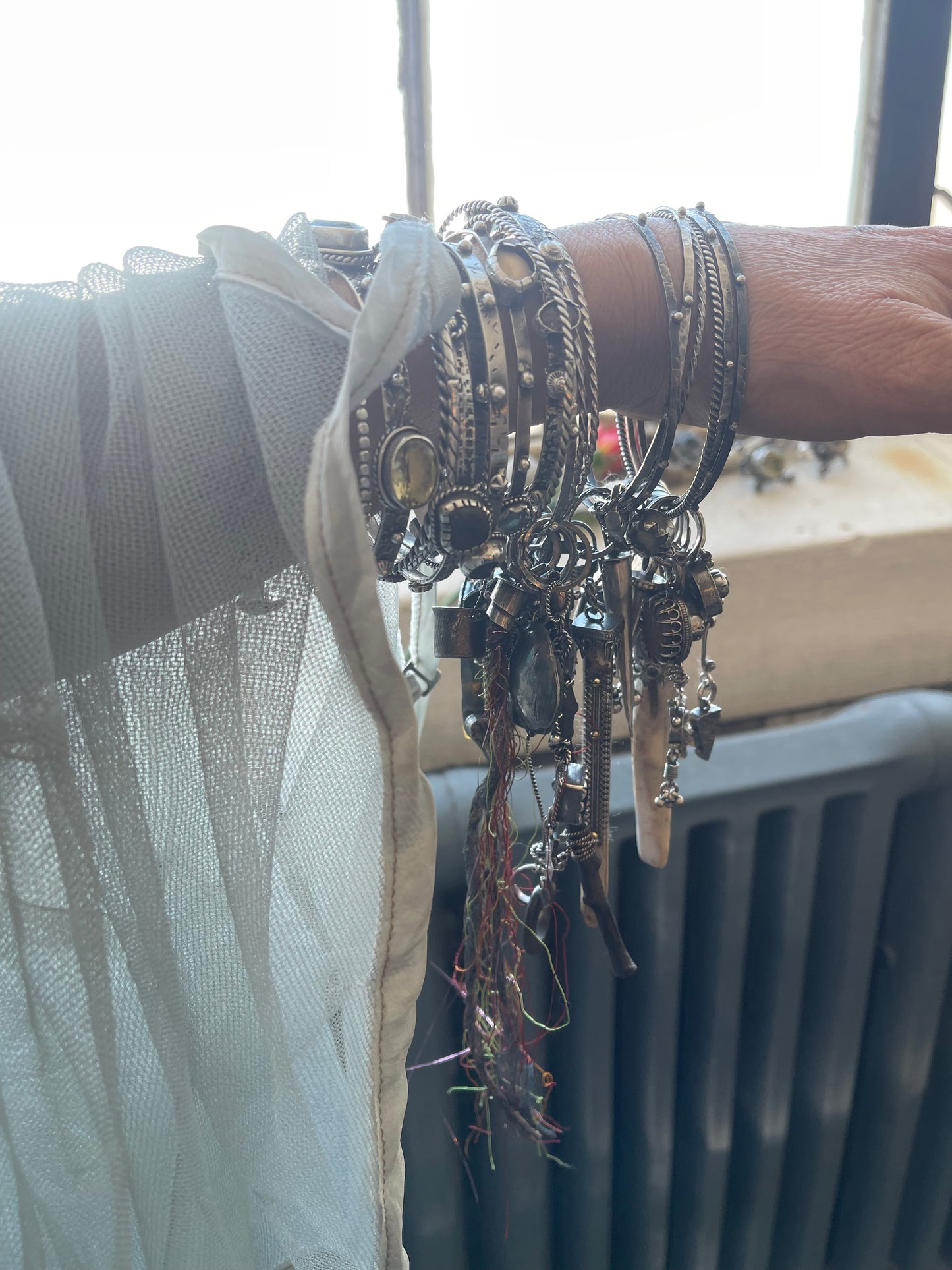 Bracelet 180 - 3 Sterling Silver Bangles - 1 Twisted, 1 with Granulations and 1 with Rainbow Tourmaline, Peridot & Opal