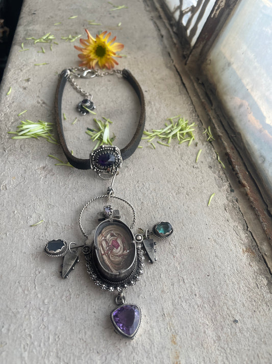 NECKLACE 02: STERLING SILVER AND LEATHER WITH HOLLOW FORMS, PAPER SCULPTURE, ADORNMENTS - FLUORITE, AMETHYST, HYDRO QUARTZ, RAINBOW TOURMALINE