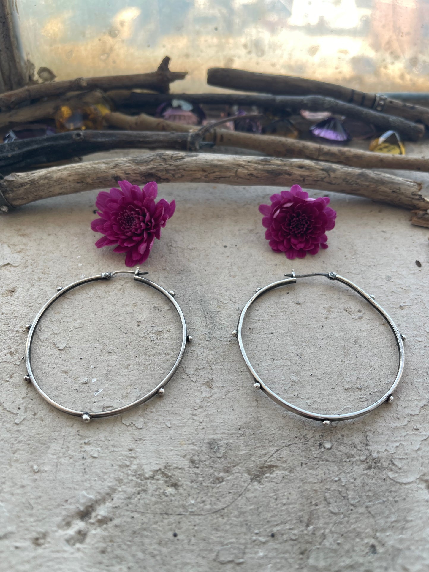 EARRING 102: STERLING SILVER LARGE CIRCLE EARRING WITH GRANULATIONS