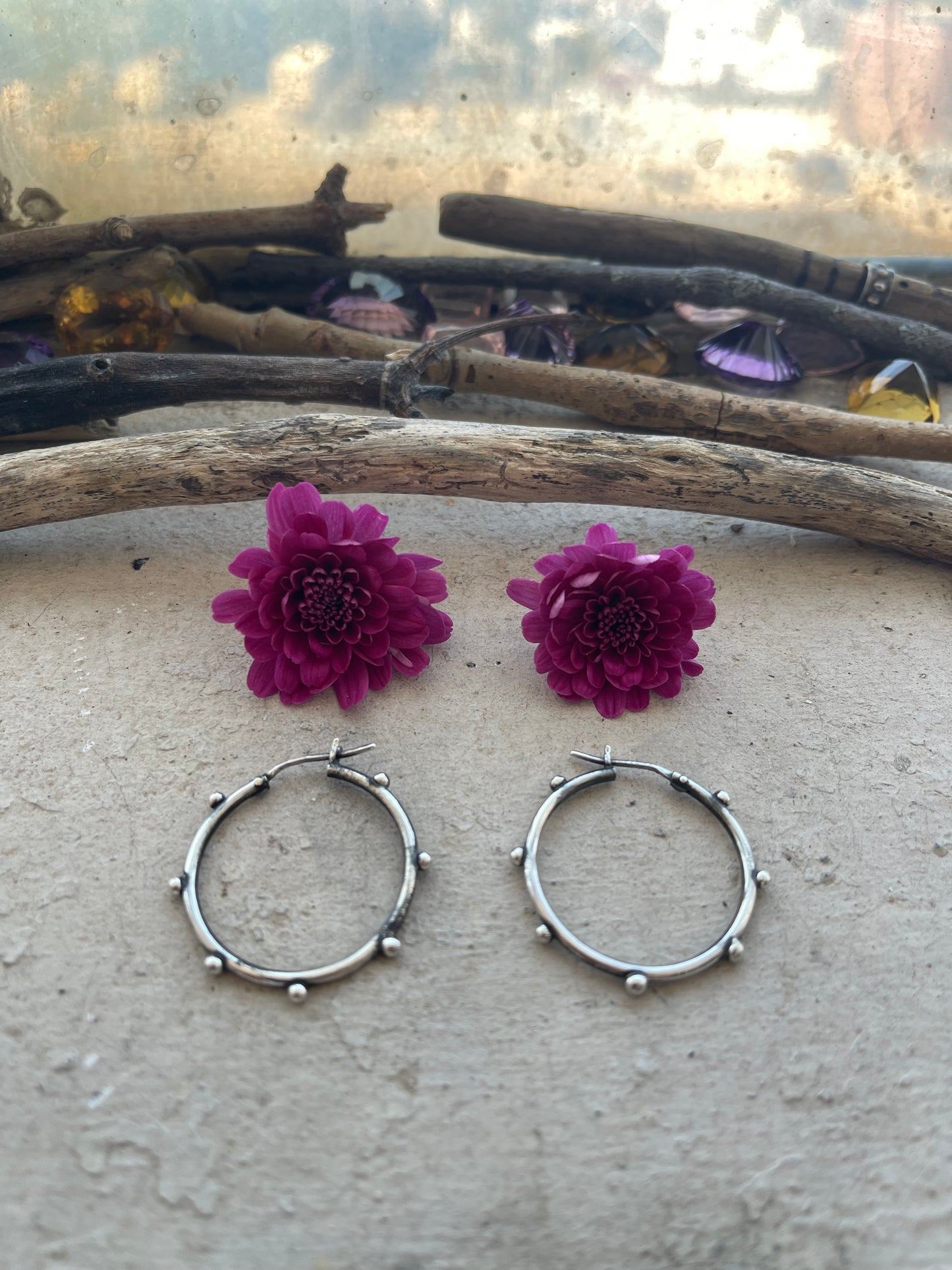 EARRING 103: STERLING SILVER MEDIUM CIRCLE EARRING WITH GRANULATIONS