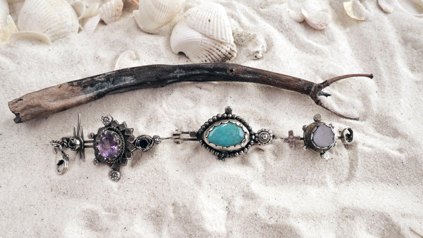 BRACELET 15: HINGE, STERLING SILVER TURQUOISE, AMETHYST, KYANITE