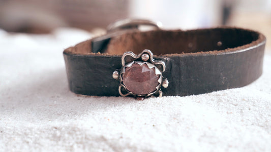 BRACELET 19: LEATHER WITH PINK CHERRY QUARTZ GEM