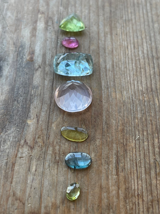 Gemstone Collection 207: Rose Quartz, Peridot Faceted, Kyanite, Watermelon Pink Tourmaline Slice - 24CT