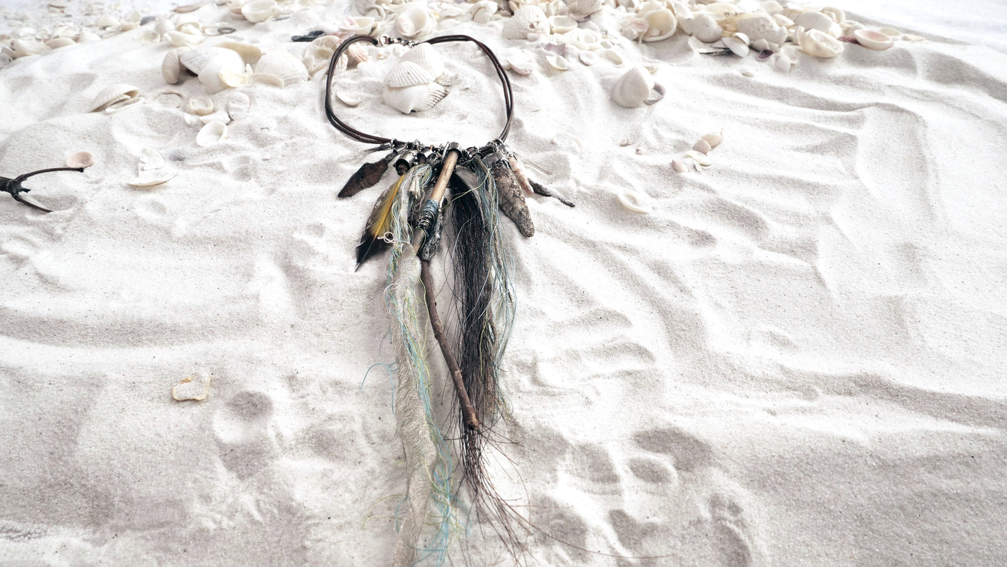 NECKLACE 21: STERLING SILVER CHOKER WITH LEATHER BAND AND TALISMAN OBJECTS