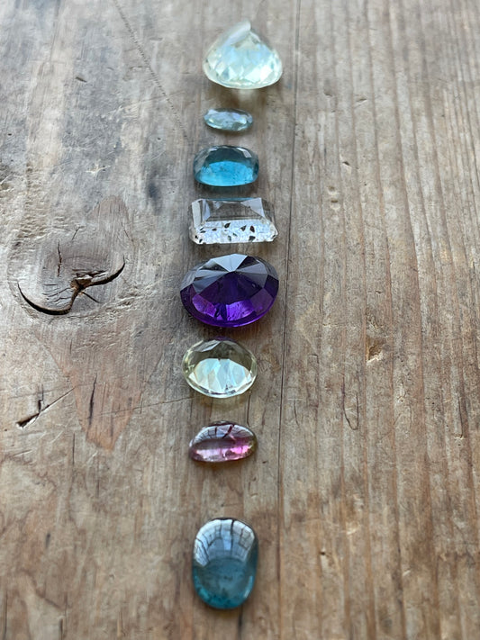 Gemstone Collection 221: Green Amethyst, Amethyst, Kyanite, Watermelon Pink Tourmaline Slice, Rutilite Peridot - 33c