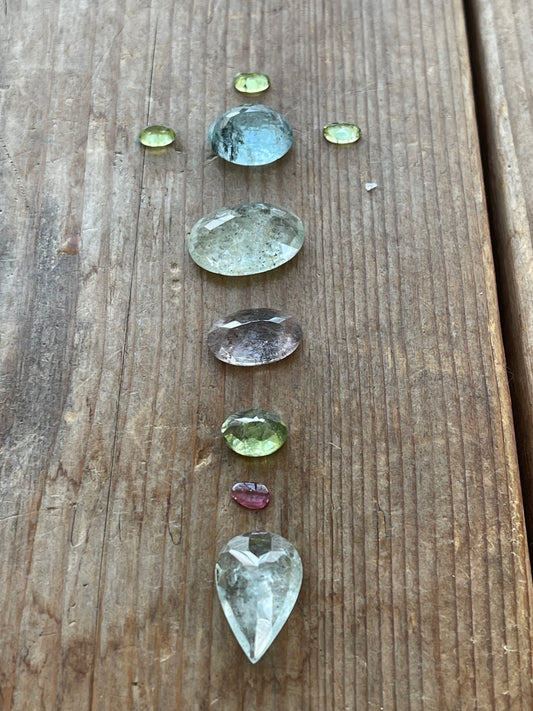 Gemstone Collection 233: Aquamarine Faceted, Peridot, Elestial Quartz Faceted, Rutilite Peridot, 32c