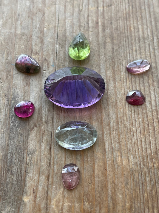 Gemstone Collection 235: Amethyst, Rutilite Peridot, Watermelon Pink Tourmaline Slice, Rainbow Tourmaline, Moss Aquamarine, Rutilite Peridot   35c