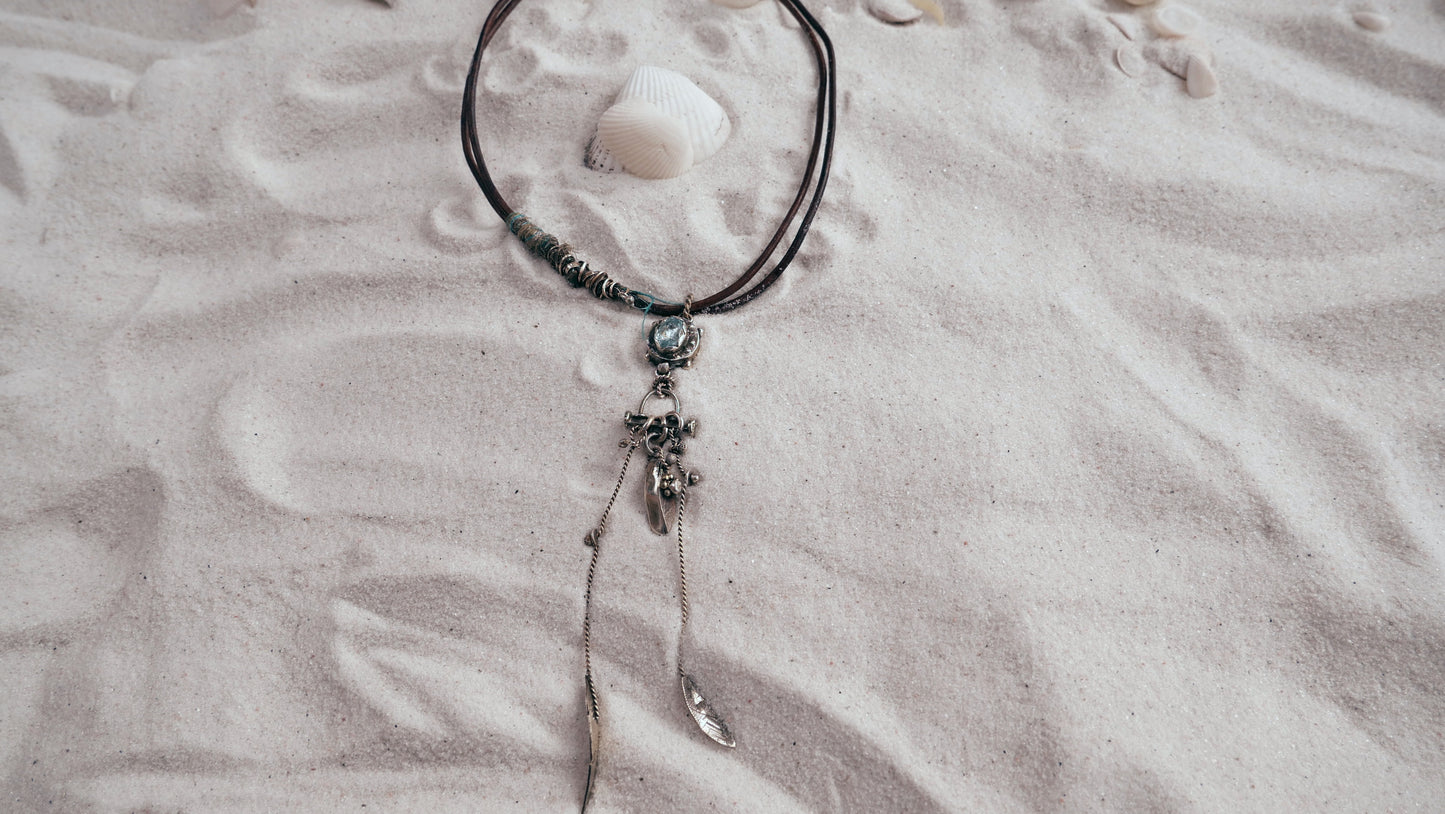 NECKLACE 23: STERLING SILVER CHOKER WITH LEATHER AND AQUAMARINE