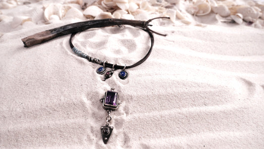 NECKLACE 24: STERLING SILVER CHOKER WITH AMETHYST, LAPIS LAZULI, RAINBOW TOURMALINE