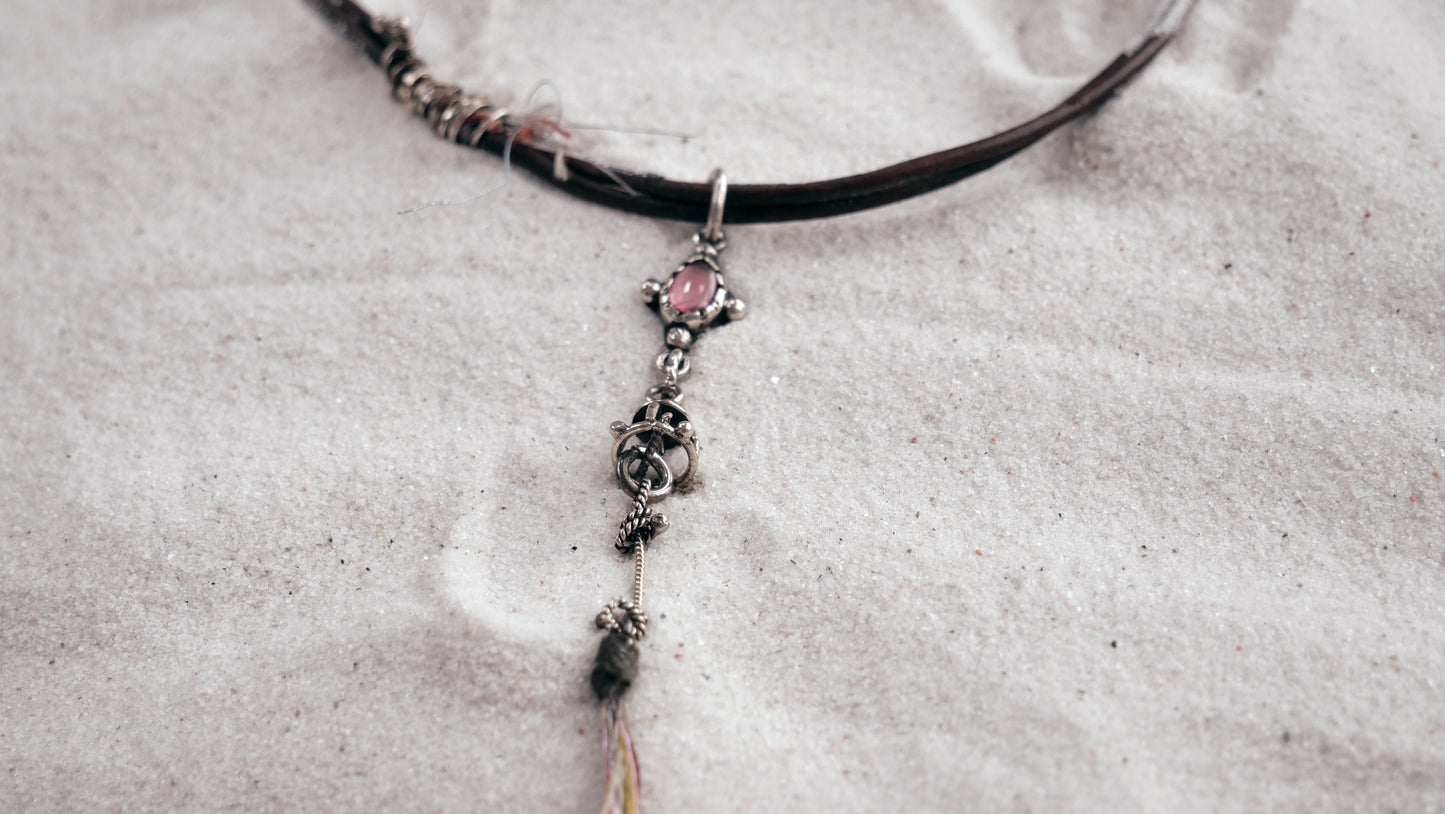 NECKLACE 26: STERLING SILVER LONG CHOKER WITH LEATHER RAINBOW TOURMALINE AND STRING