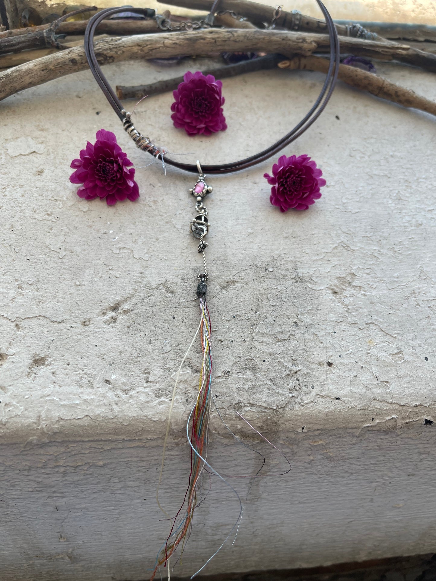 NECKLACE 26: STERLING SILVER LONG CHOKER WITH LEATHER RAINBOW TOURMALINE AND STRING