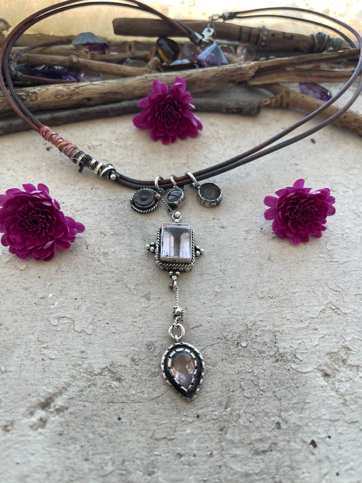 NECKLACE 30: STERLING SILVER LEATHER WITH 2 SMALL FOSSILS, ROSE QUARTZ, RAINBOW TOURMALINE