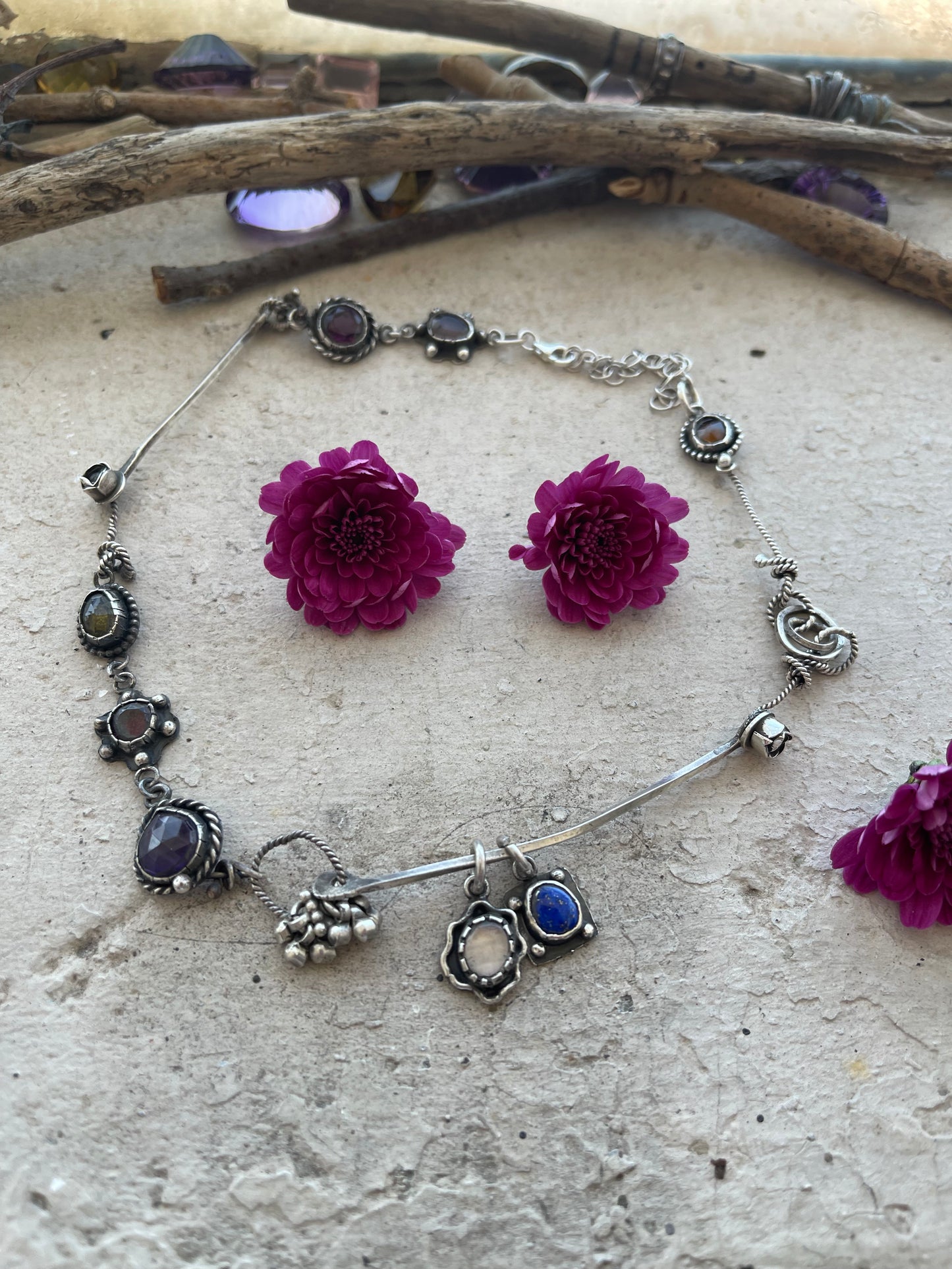 NECKLACE 34: DAINTY CHOKER WITH RAINBOW TOURMALINE, AMETHYST, LAPIS LAZULI, OPAL AND SILVER GRANULATIONS