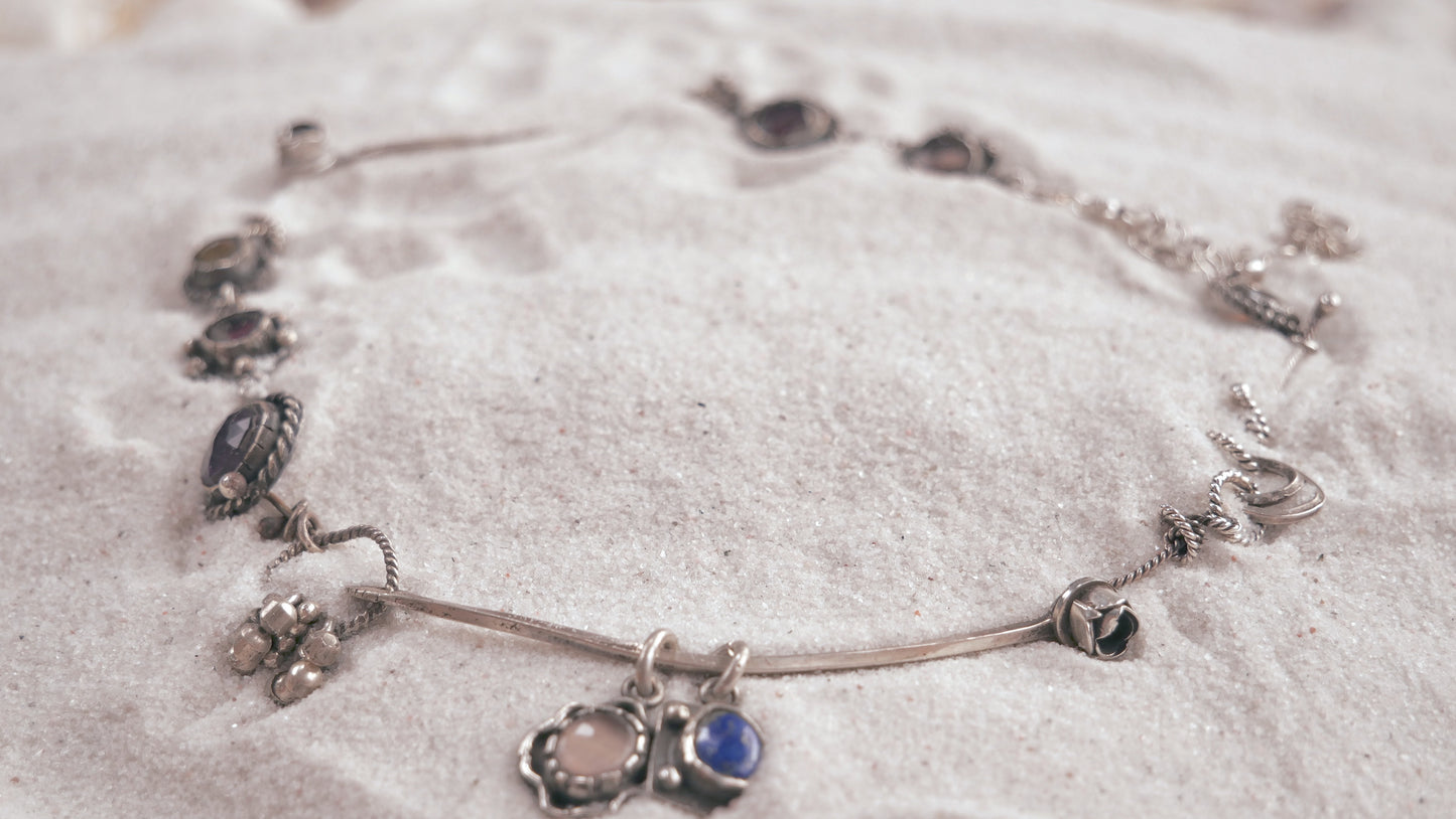 NECKLACE 34: DAINTY CHOKER WITH RAINBOW TOURMALINE, AMETHYST, LAPIS LAZULI, OPAL AND SILVER GRANULATIONS