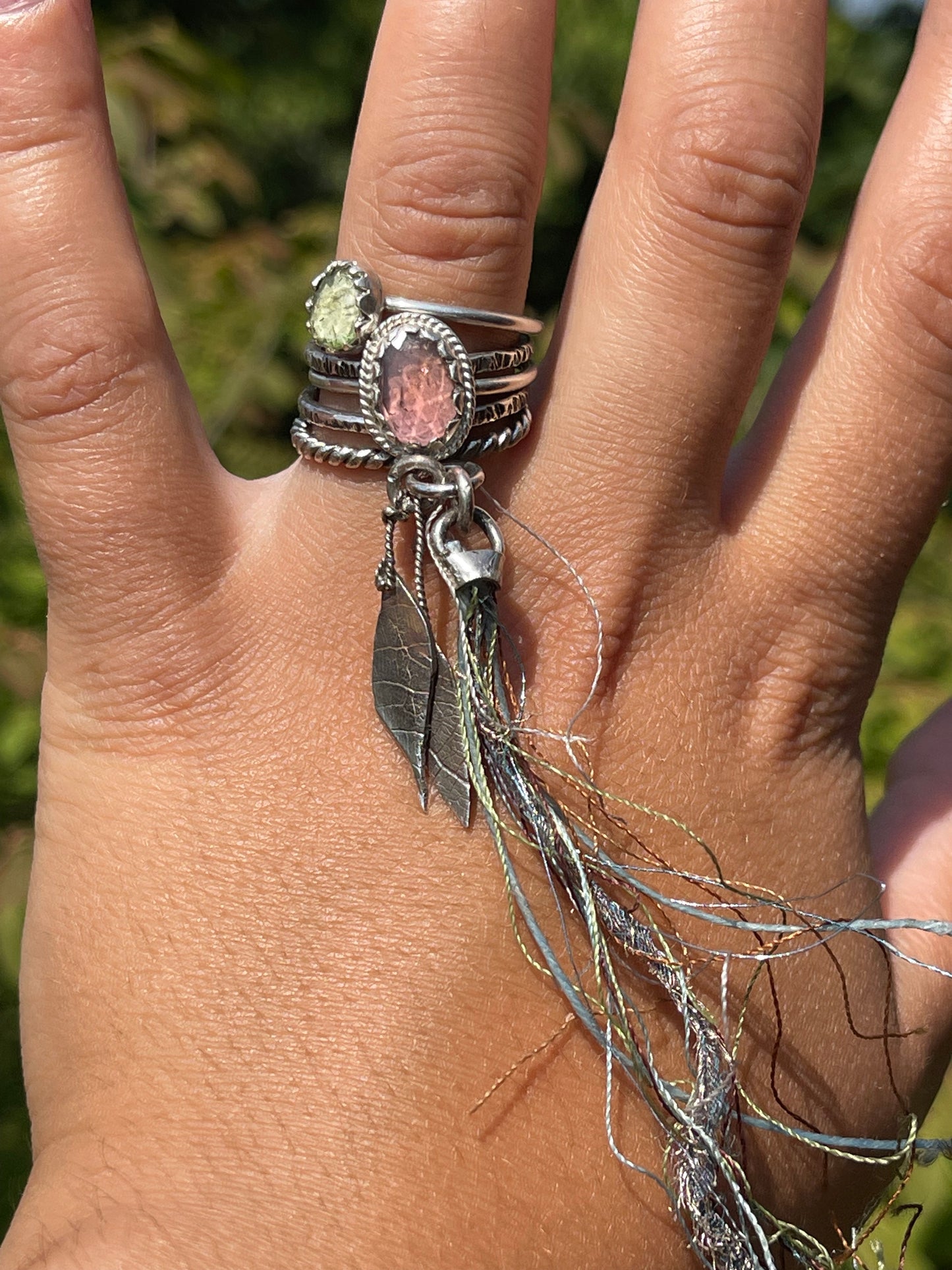 RING 53: STERLING SILVER STACKED RINGS WITH STRING AND TWO GEMS