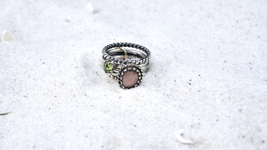 RING 67: 4 STACKS WITH RAINBOW TOURMALINE AND PERIDOT