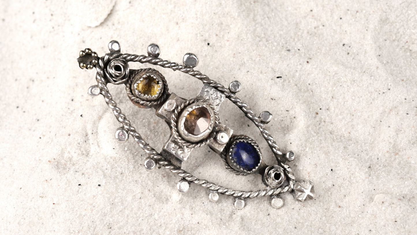 RING 68: STERLING SILVER WITH LAPIS LAZULI, RAINBOW TOURMALINE AND HOLLOW FORM