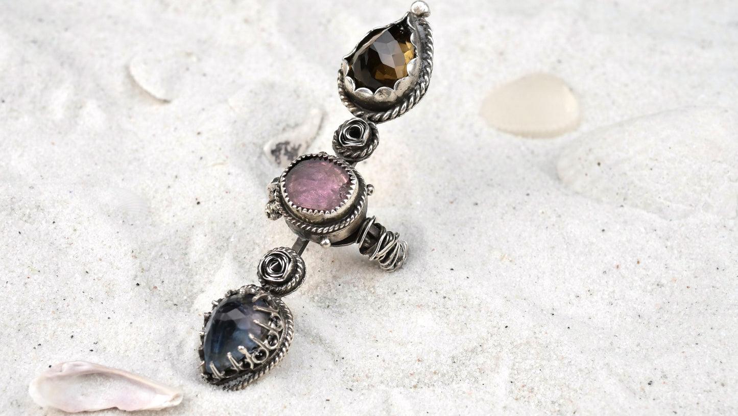 RING 69: STERLING SILVER WITH FLUORITE, RAINBOW TOURMALINE, HONEY QUARTZ