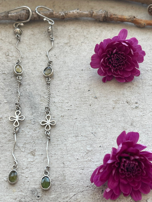 EARRING 87: STERLING SILVER FLOWER, RAINBOW TOURMALINE