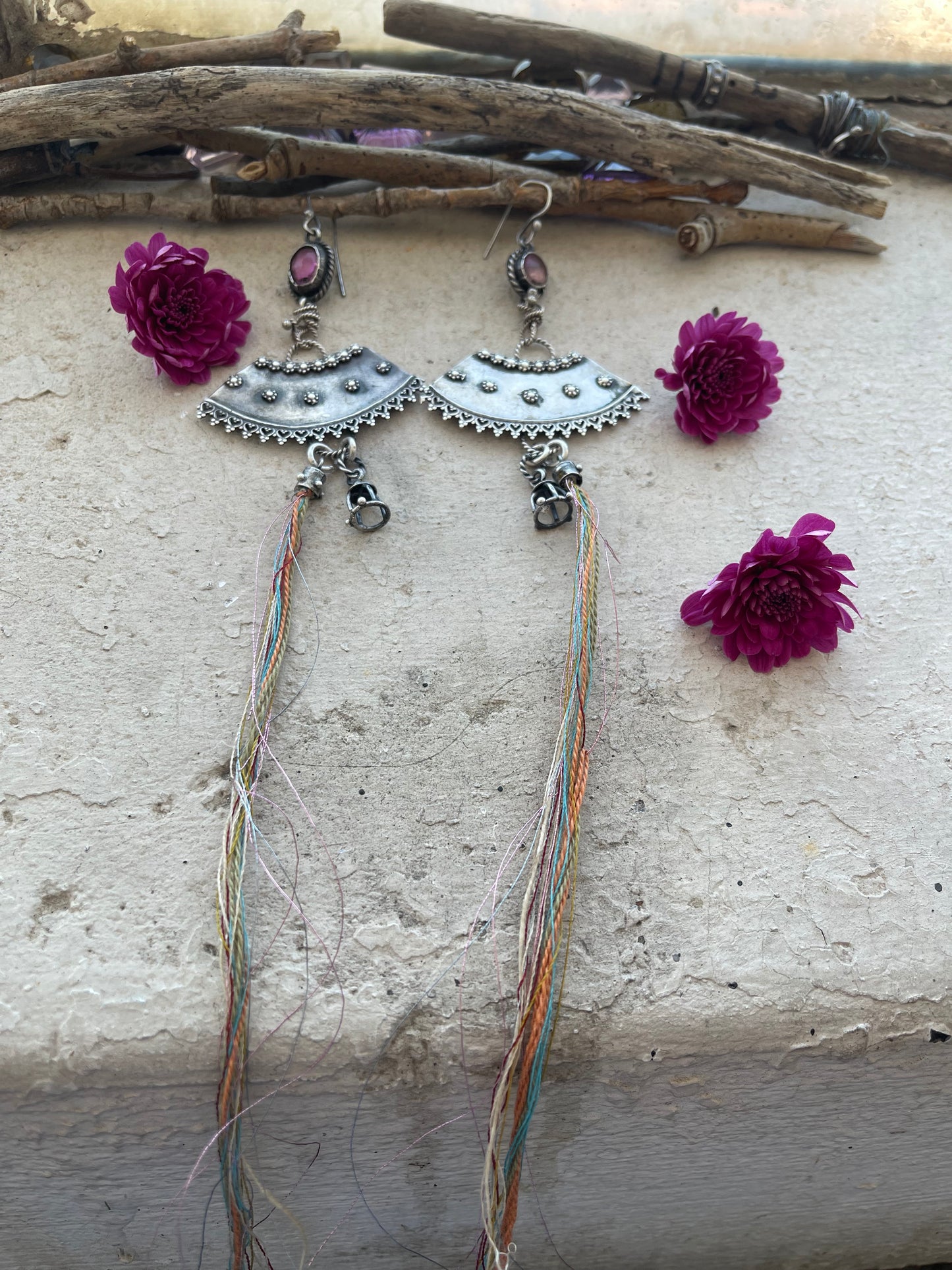 EARRING 88: STERLING SILVER HAMMERED TEXTURE WITH RAINBOW TOURMALINE AND BLUE & ORANGE STRING