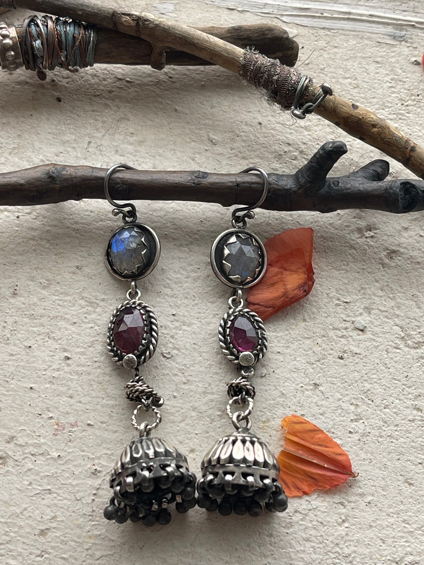Earrings 256 - Sterling Silver Earrings with Labradorite, Rainbow Tourmaline & Indian Adornments