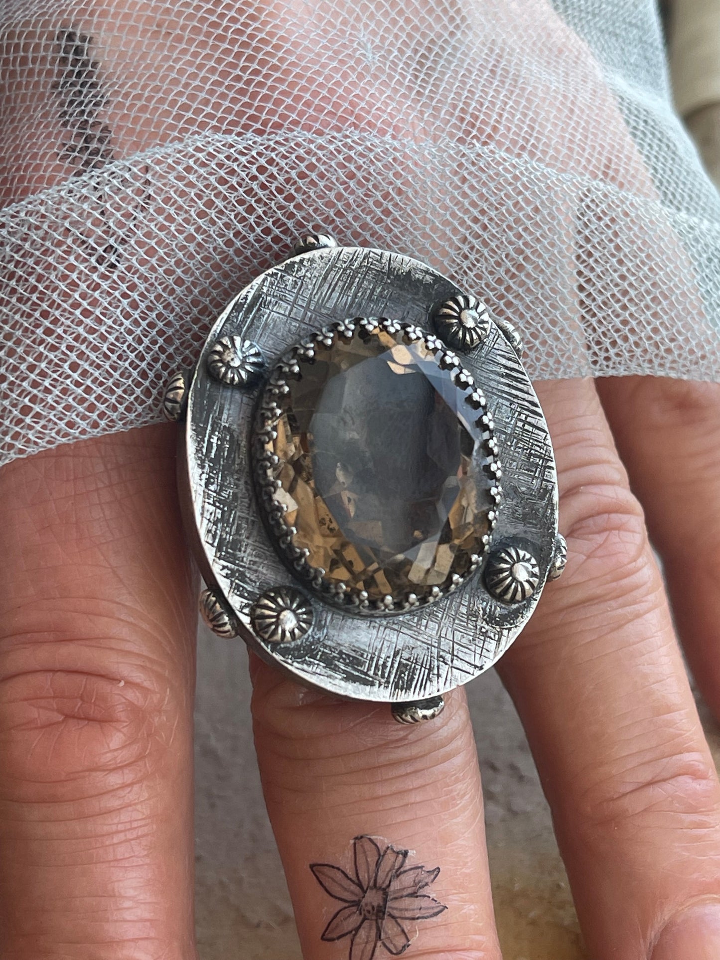 Ring 270 - Sterling Silver Hollow Form Ring with Cloudy Quartz